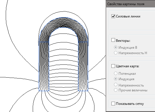 эквипотенциальные линии магнитного поля в ELCUT